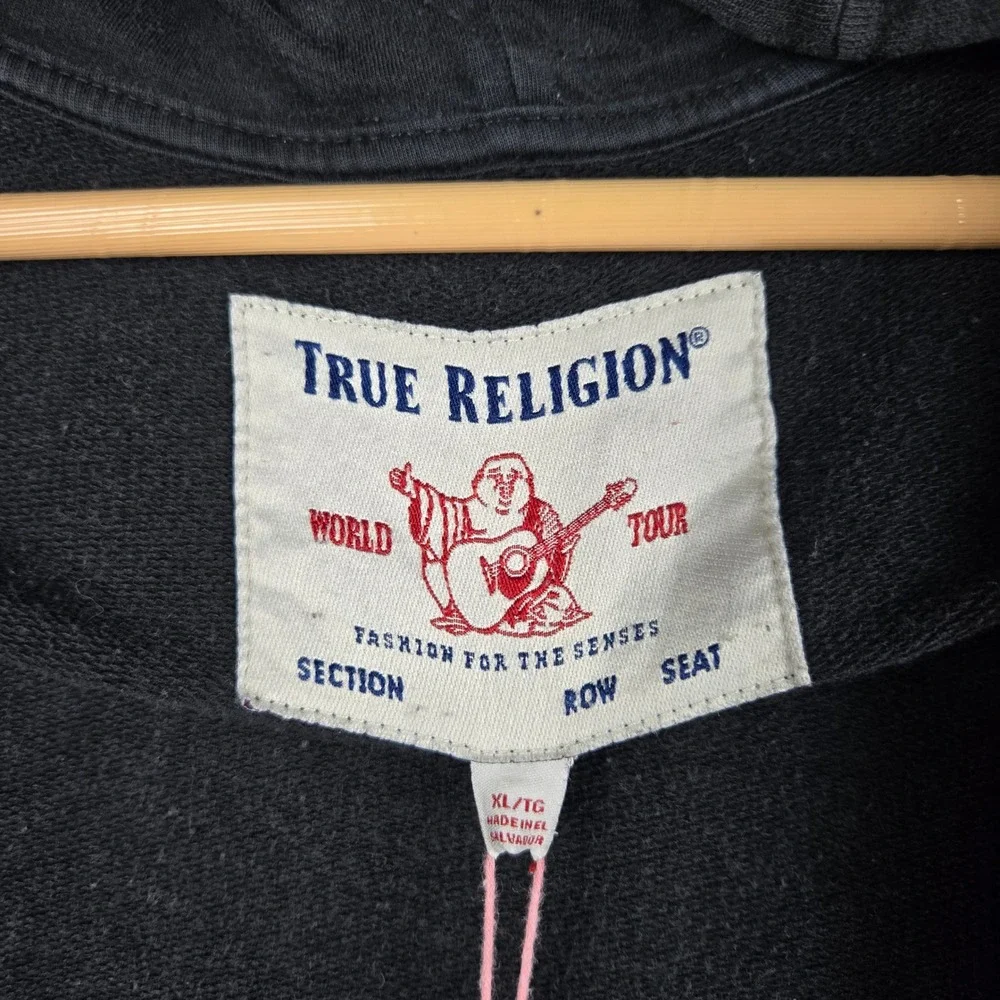 True Religion Zip Up Hoodie Mens XL Black Gold Big Horseshoe Logo Y2K Streetwear